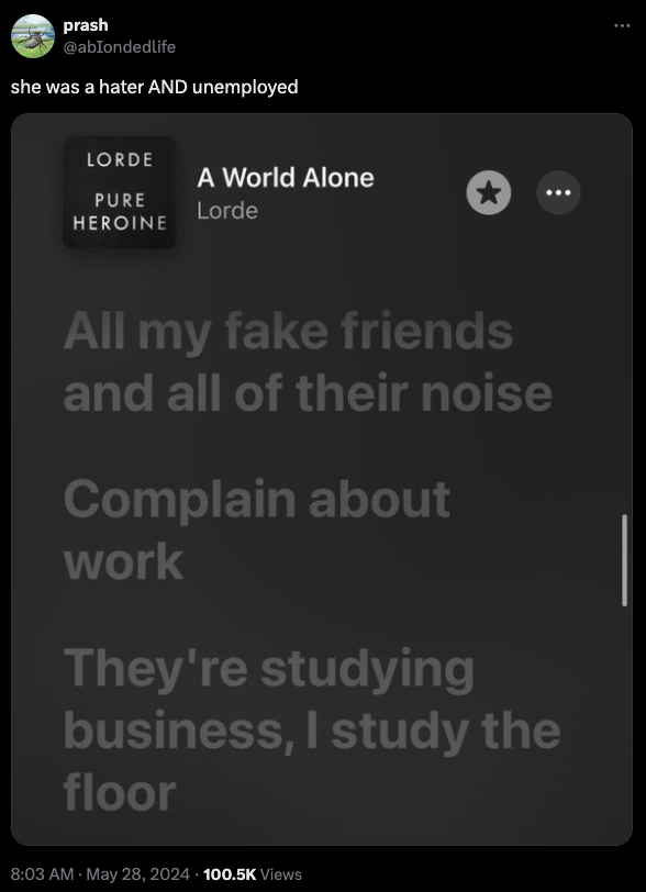 screenshot - prash she was a hater And unemployed Lorde A World Alone Pure Lorde Heroine All my fake friends and all of their noise Complain about work They're studying business, I study the floor Views